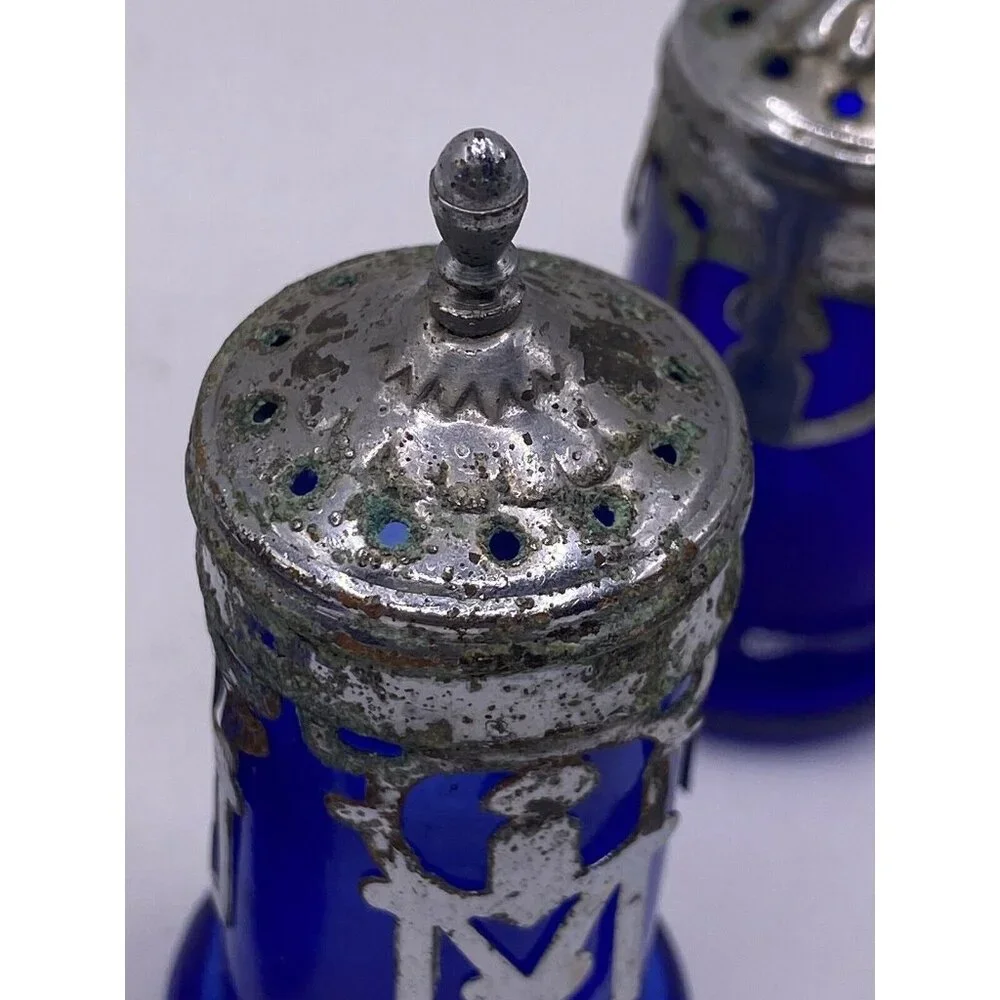 Vintage Cobalt Blue Glass‎ Salt & Pepper Shakers With Metal Lids Japan